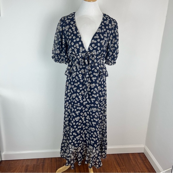 Lulus Anything Lovelier Navy Blue Floral Print Tiered Midi Dress Size S - Picture 5 of 10